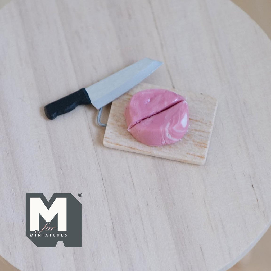 1:12 Scale Miniature Pork Roast on Wood Cutting Board with Cleaver, 1-1/8 inch long, DIY Dollhouse Supply