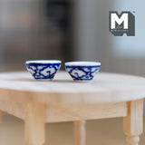 Miniature Ceramic Bowls Set of 2 , 1:12 Scale Dollhouse Supplies Tableware 11/16 inch tall (blue) - A083