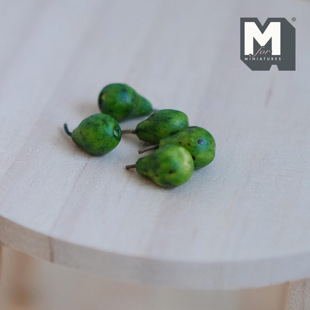 1:12 Scale Miniature Green Pears, Set of 5, 5/16 inch tall, DIY Dollhouse Supply