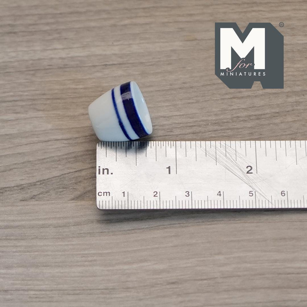 1:12 Scale Miniature Ceramic Planter Bowl with Striped Rim, 5/8 inch tall, DIY Dollhouse Supply (white and blue)