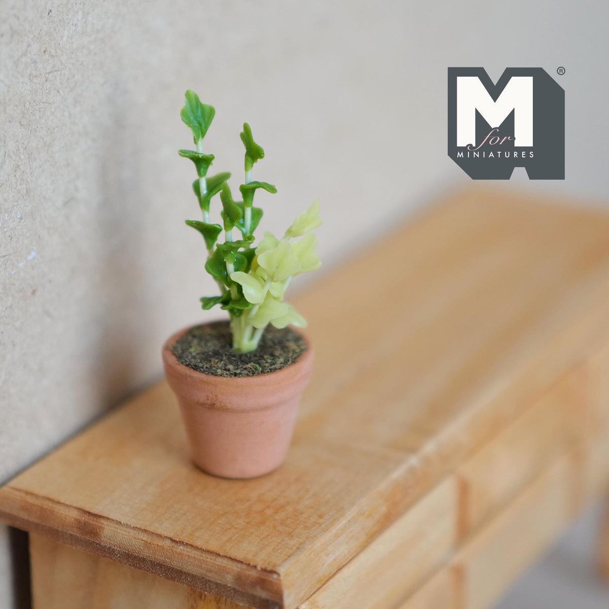 1:12 Scale Miniature Potted Leafy Plant in Clay Pot, Upright Stems, 2 inch tall, DIY Dollhouse Supply (green)