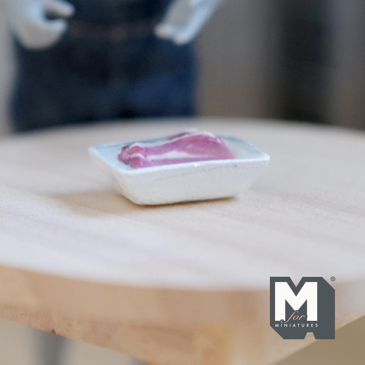 1:12 Scale Miniature Raw Steak Slice on White Tray, 1 inch long, DIY Dollhouse Supply (non edible)