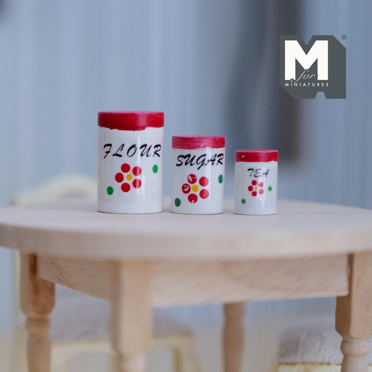 1:12 Scale Miniature Wood Kitchen Jars with Fixed Lids, Floral Print, Set of 3, 9/16 to 7/8 inch tall, DIY Dollhouse Supply (white and red)