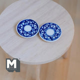 Miniature Ceramic Plates Set of 2 , 1:12 Scale Dollhouse Supplies Tableware Flatware 1 inch dia. (blue) - A083