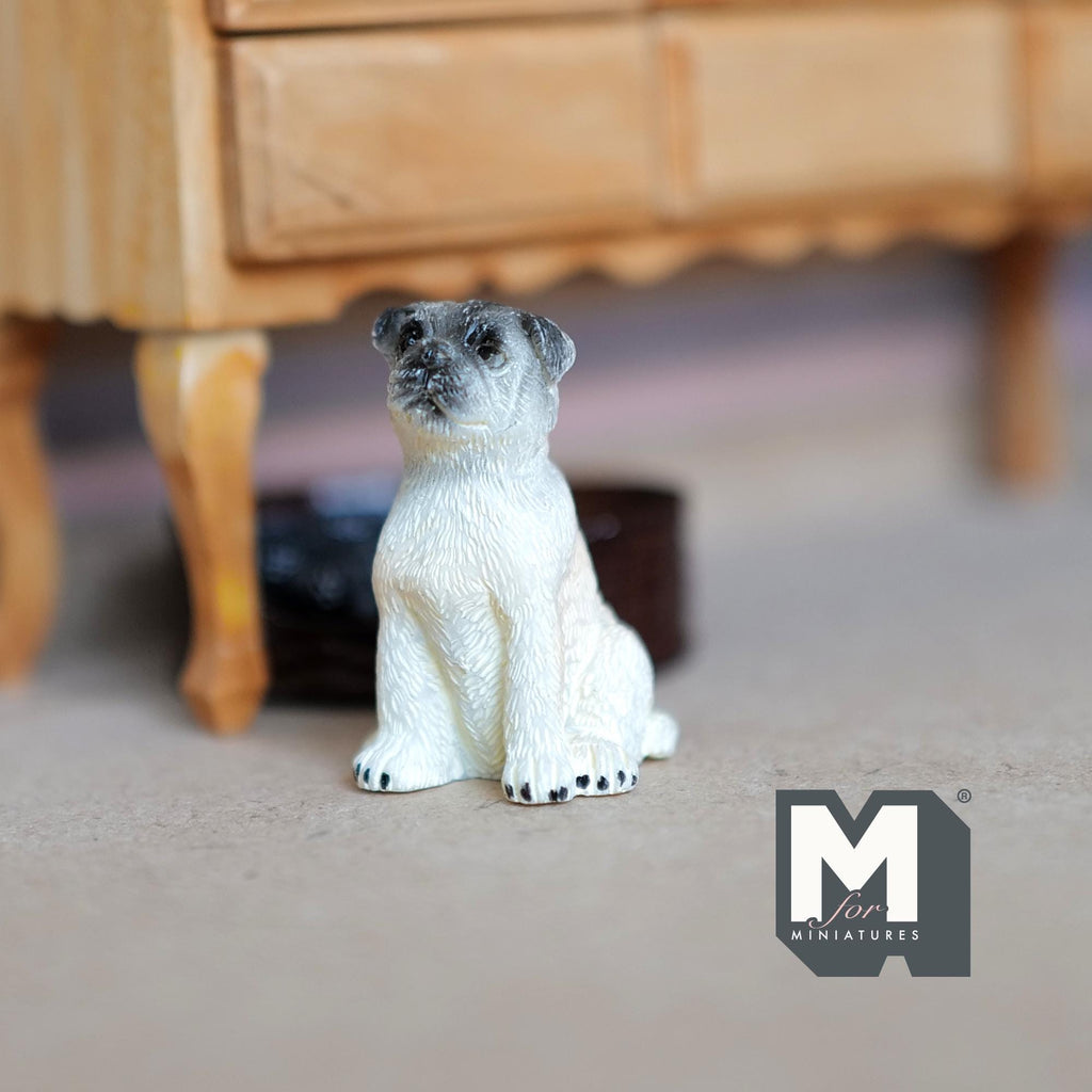 1:12 Scale Miniature Sitting Pug Dog Figurine, 1-3/8 inch tall, DIY Dollhouse Supply (cast resin) (beige)