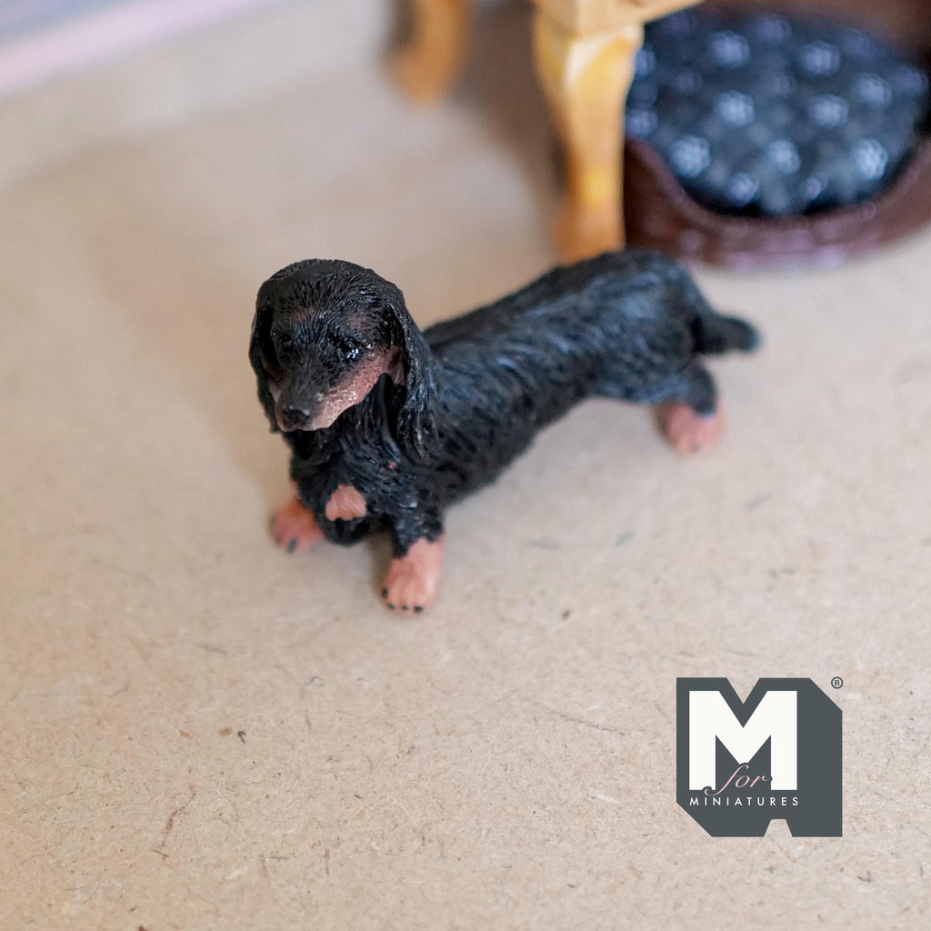 1:12 Scale Miniature Standing Long Hair Dachshund Puppy, 2-1/4 inch long, DIY Dollhouse Supply (cast resin) (black and tan)