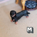1:12 Scale Miniature Standing Long Hair Dachshund Puppy, 2-1/4 inch long, DIY Dollhouse Supply (cast resin) (black and tan)