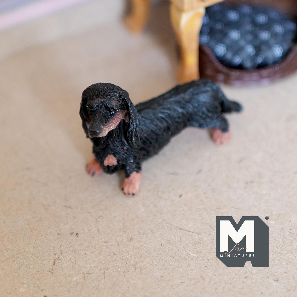 1:12 Scale Miniature Standing Long Hair Dachshund Puppy, 2-1/4 inch long, DIY Dollhouse Supply (cast resin) (black and tan)