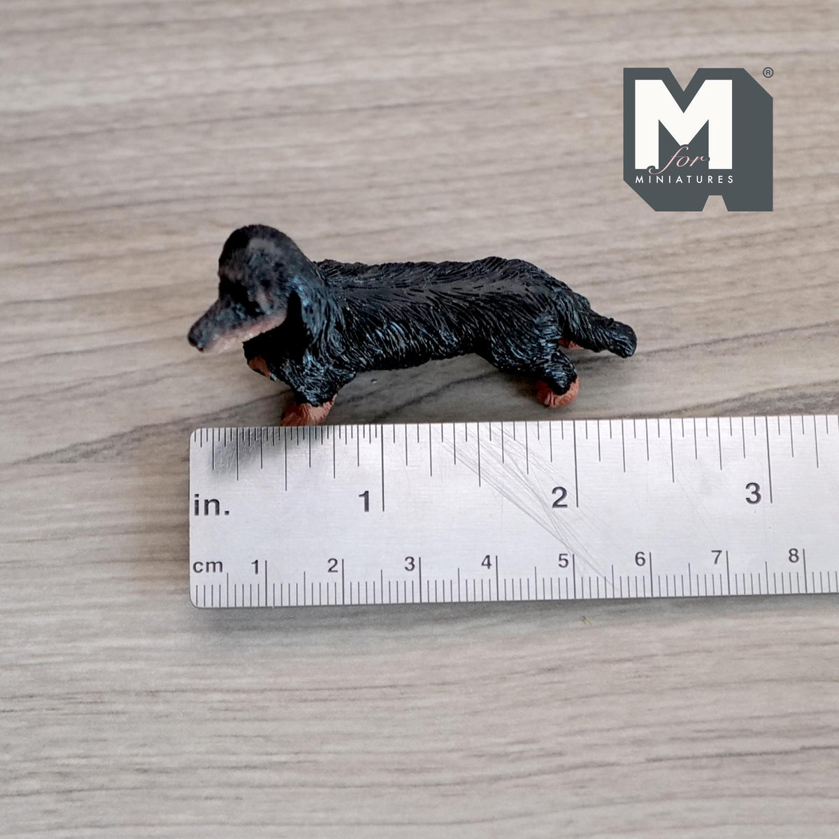 1:12 Scale Miniature Standing Long Hair Dachshund Puppy, 2-1/4 inch long, DIY Dollhouse Supply (cast resin) (black and tan)