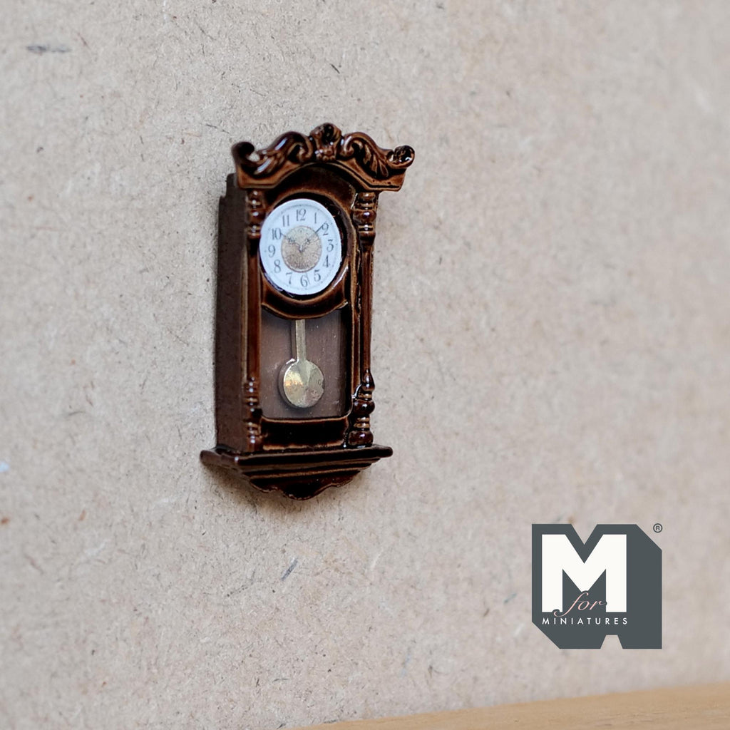 1:12 Scale Miniature Metal Pendulum Wall Clock, Carved Top, 1-9/16 inch tall, DIY Dollhouse Supply (brown) (non working)