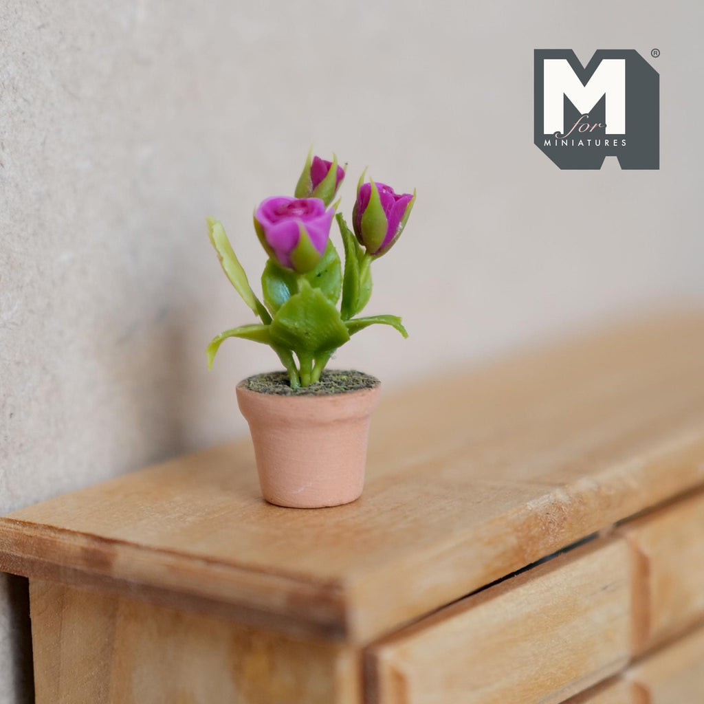 1:12 Scale Miniature Potted Roses, Terracotta Pot, 1 inch tall, DIY Dollhouse Supply (purple)