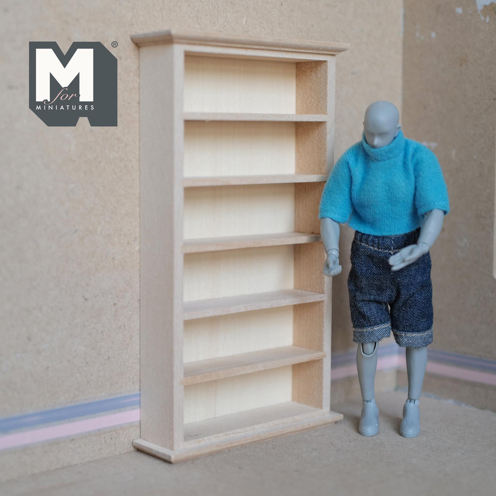 1:12 Scale Miniature Unpainted Bookcase, 6 Shelves, 6-11/16 inch tall, DIY Dollhouse Supply (wood)