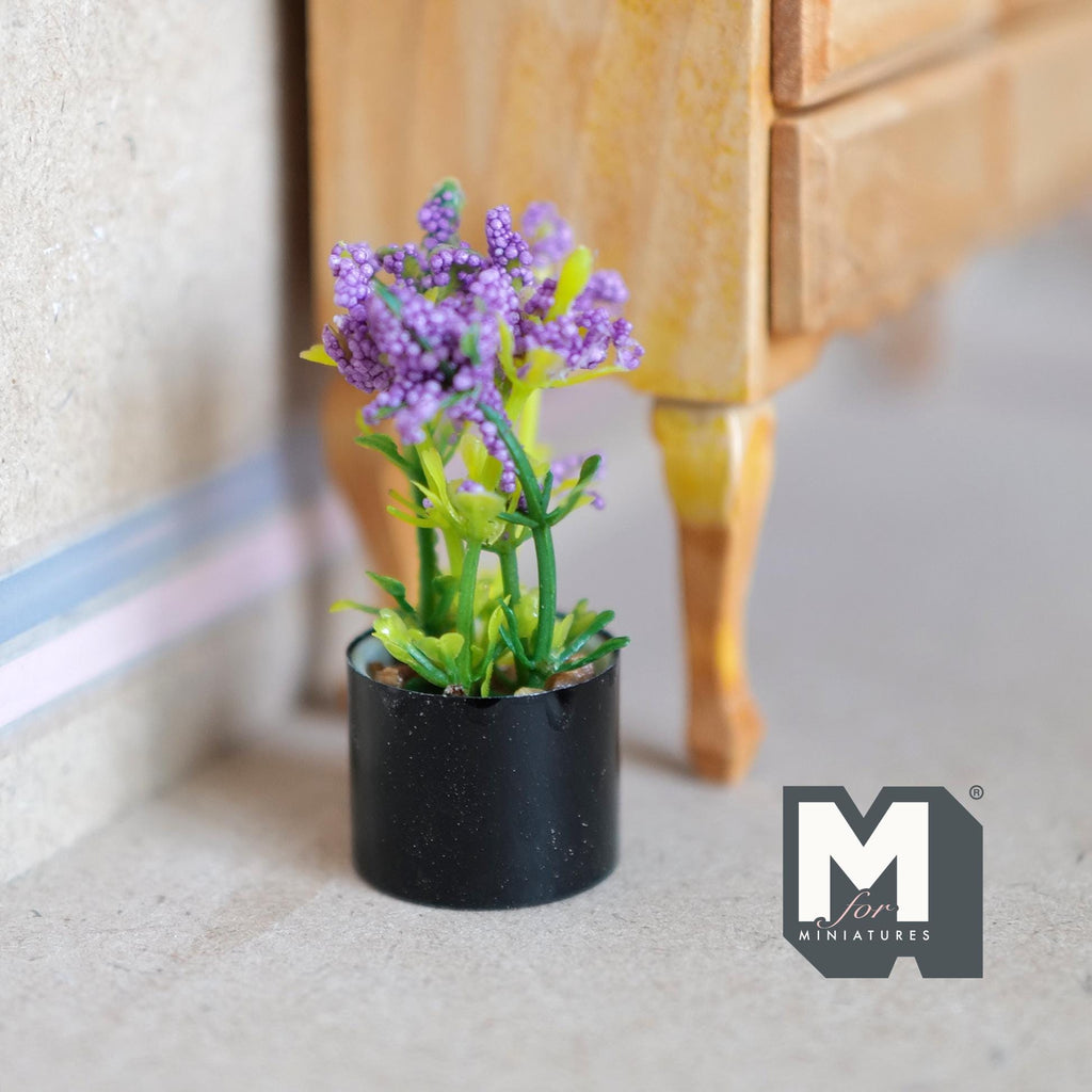 1:12 Scale Miniature Potted Flowering Plant, Black Round Pot, 1-15/16 inch tall, DIY Dollhouse Supply (purple)