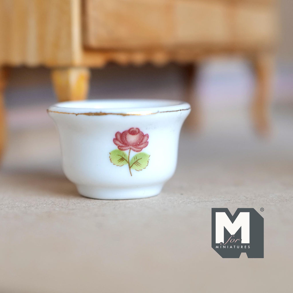 1:12 Scale Miniature Ceramic Round Flower Pot, Pink Flower Design, 1-1/16 inch tall, DIY Dollhouse Supply (white)