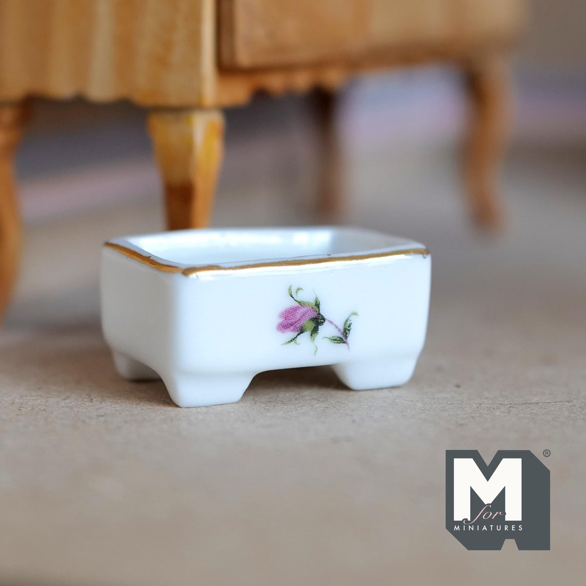 1:12 Scale Miniature Ceramic Bonsai Pot, Rectangular with Feet, Pink Floral Print, 11/16 inch tall, DIY Dollhouse Supply