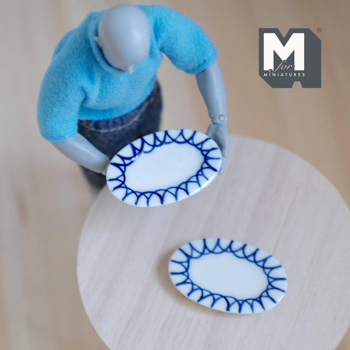 1:12 Scale Miniature Ceramic Oval Plates, Blue Zigzag Rim, Set of 2, 1-1/2 inch long, DIY Dollhouse Supply (white)