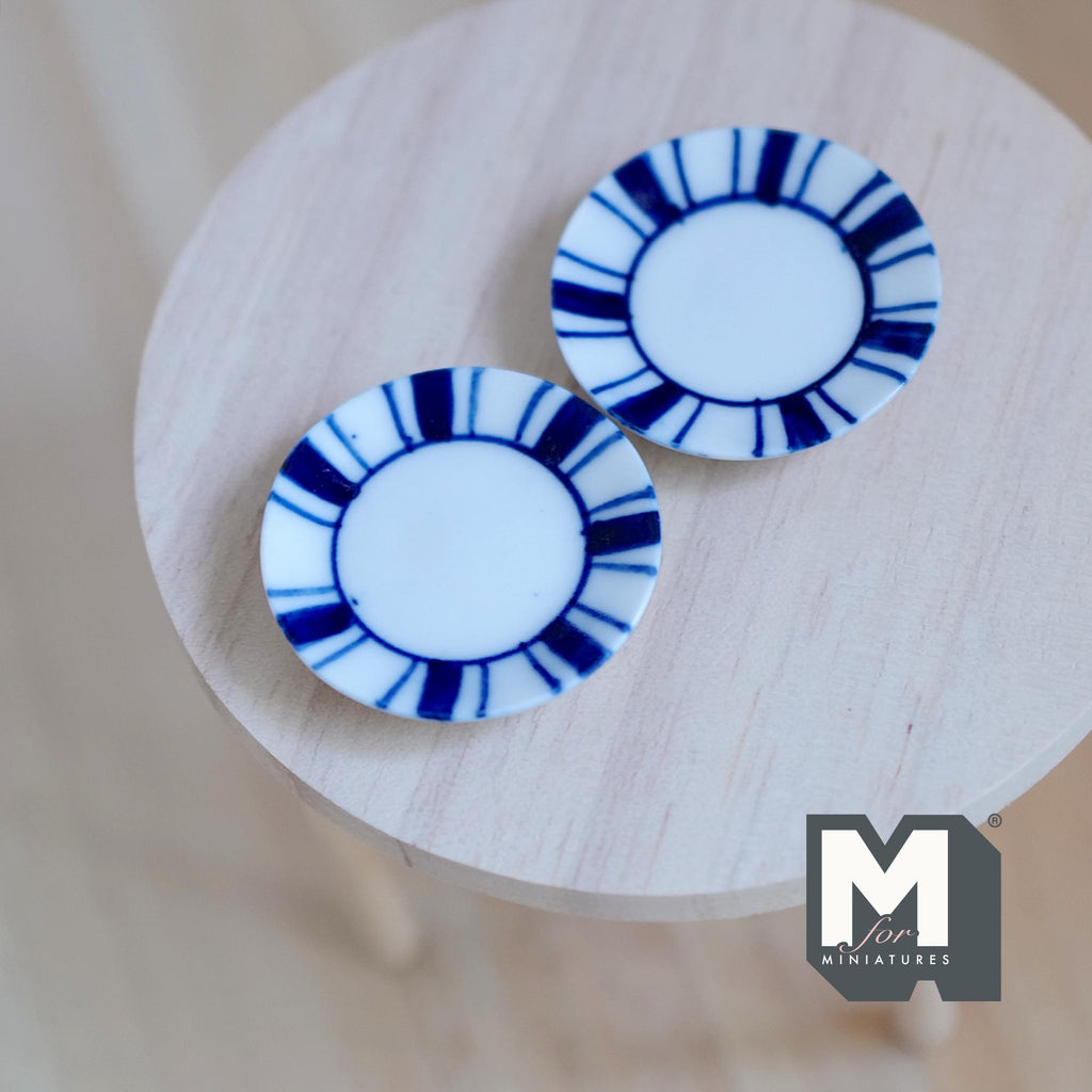 1:12 Scale Miniature Ceramic Dinner Plates, Blue Striped Rim, Set of 2, 1-1/4 inch dia., DIY Dollhouse Supply (large)