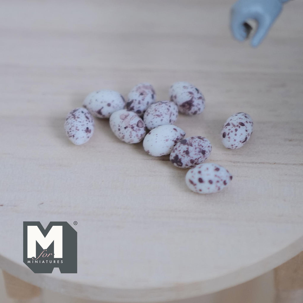 1:12 Scale Miniature Quail Eggs, Set of 10, 3/8 inch long, DIY Dollhouse Supply (resin) (non edible)