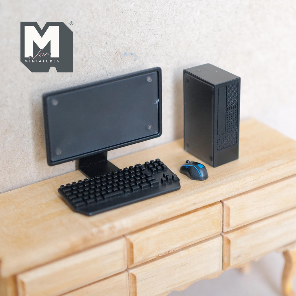 1:12 Scale Miniature Desktop Computer with Monitor, Keyboard and Mouse, Set of 4, 1-9/16 inch tall, DIY Dollhouse Supply (non working)