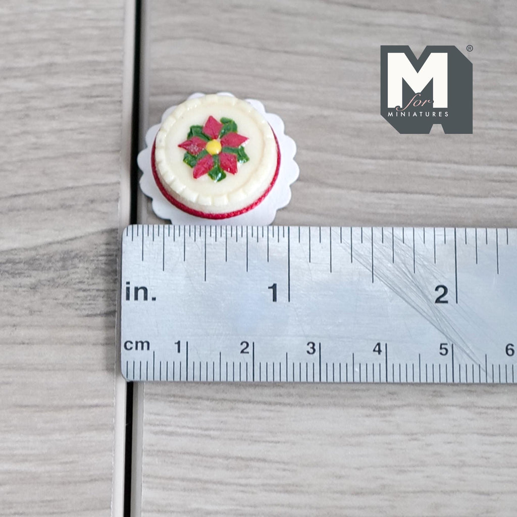 1:12 Scale Miniature Christmas Cake with Poinsettia, 3/4 inch dia., DIY Dollhouse Supply (resin) (non edible)