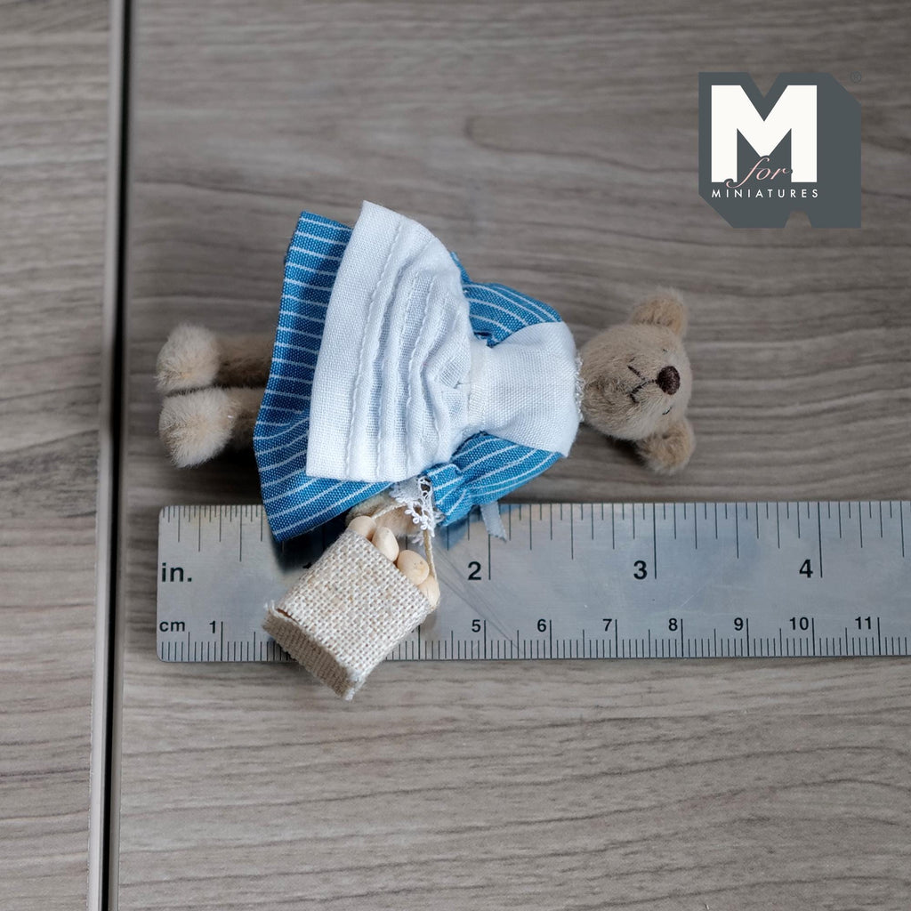 1:12 Scale Miniature Plush Lady Bear with Basket of Eggs, Gingham Dress and Apron, 3-1/8 inch tall, DIY Dollhouse Supply