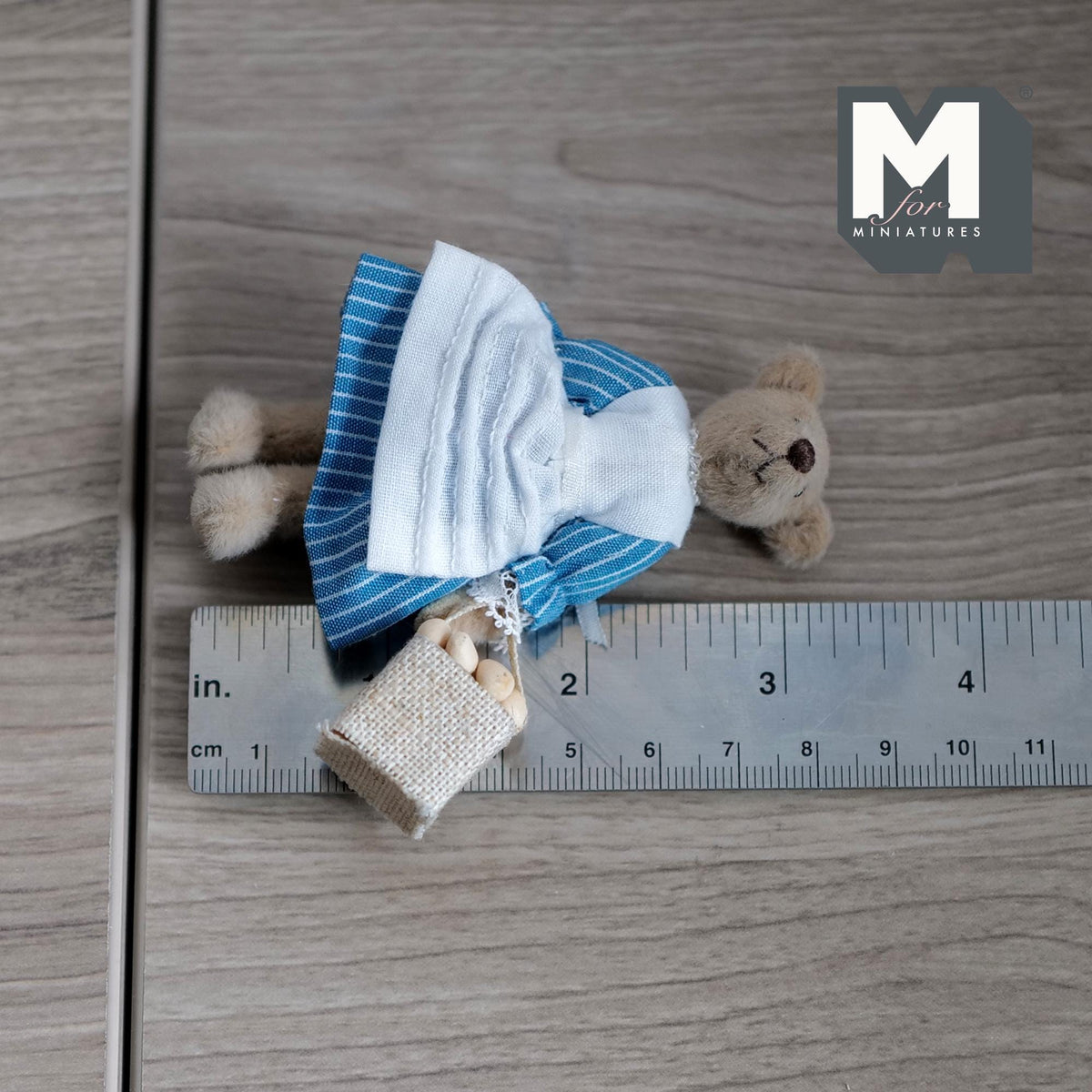 1:12 Scale Miniature Plush Lady Bear with Basket of Eggs, Gingham Dress and Apron, 3-1/8 inch tall, DIY Dollhouse Supply