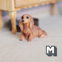 Miniature Sitting Longhair Dachshund 1:12 Scale Wiener Dog 1-7/8 inch long (cast resin) (brown) - C052