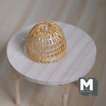 1:12 scale miniature bamboo woven pendant light shade, open weave ceiling lamp cover, shown on a round wood table