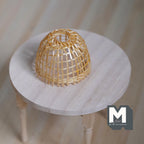 1:12 scale miniature bamboo woven pendant light shade, open weave ceiling lamp cover, shown on a round wood table