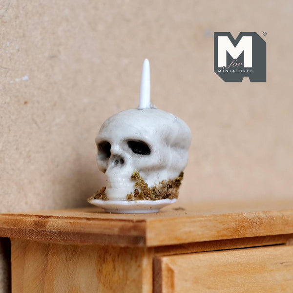 Miniature Skull Candle 1:12 Scale Dollhouse Skull Cake and Candle 1-5/16 inch tall (cast resin) - C086