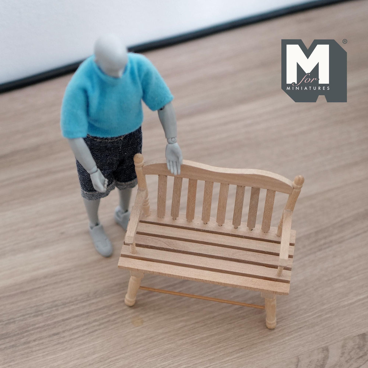 1:12 Scale Miniature Unpainted Wood Garden Bench, Slatted Back, Curved Arms, 3-1/2 inch long, DIY Dollhouse Supply