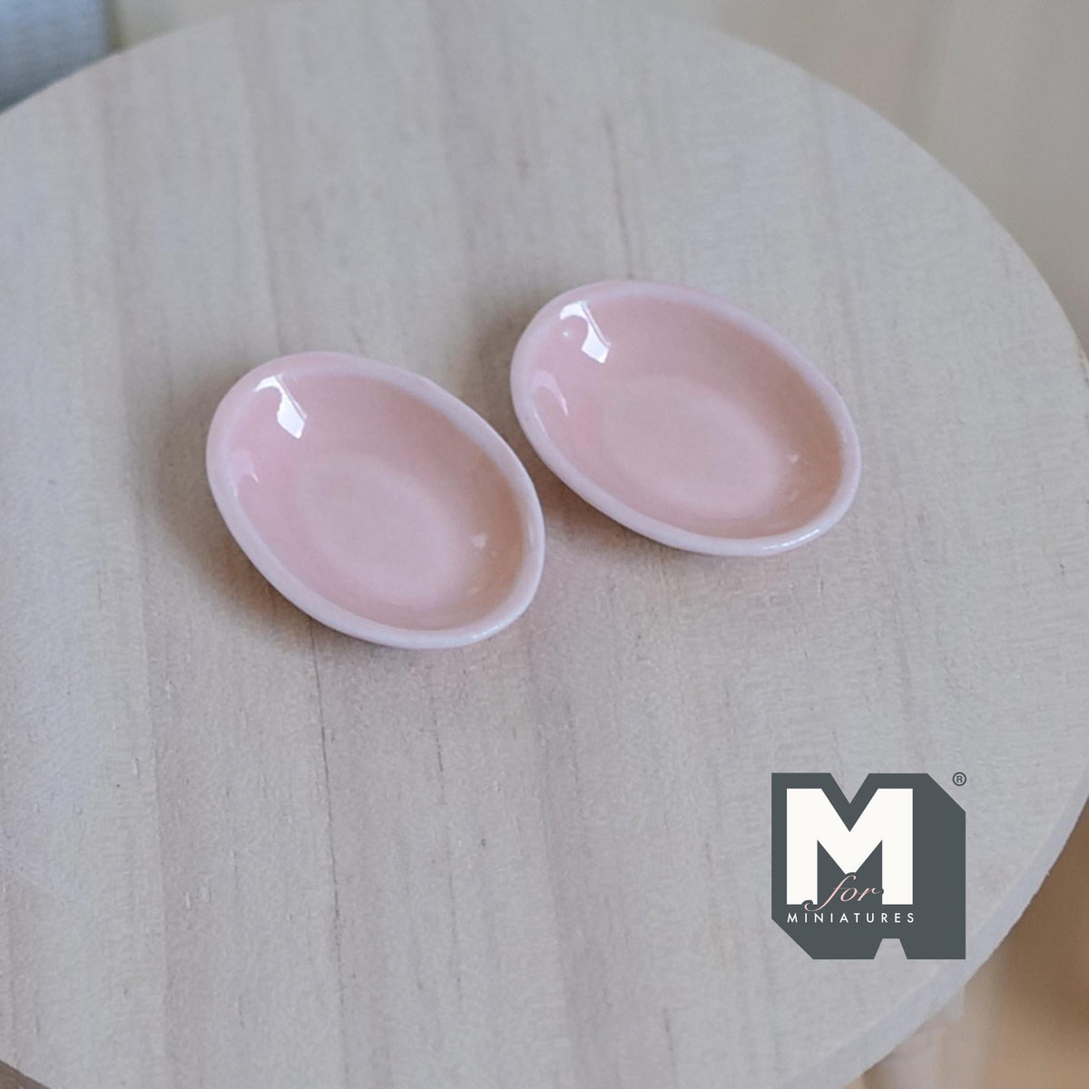 1:12 Scale Miniature Ceramic Oval Bowls, Set of 2, 1 inch long, DIY Dollhouse Supply (pink)