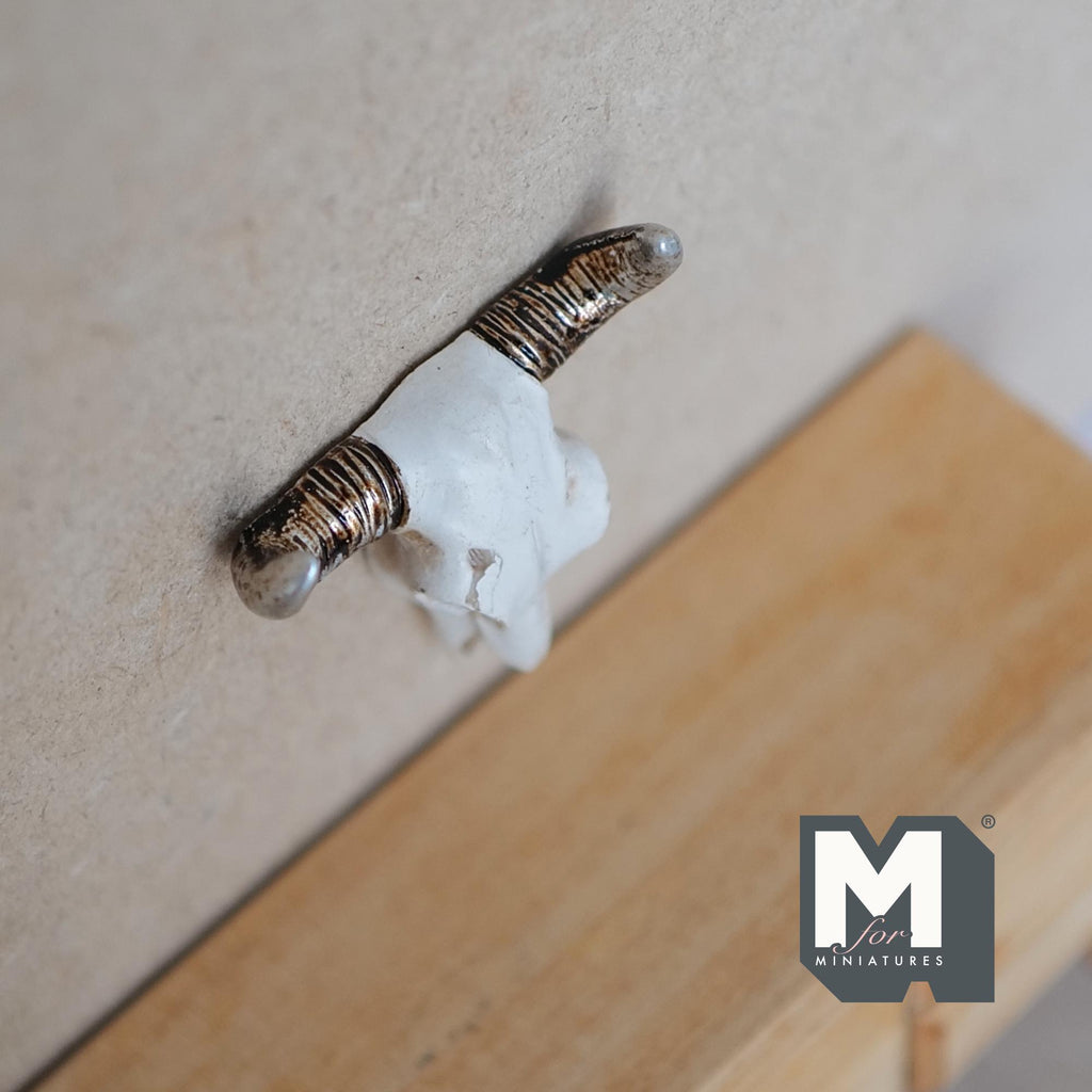 1:12 Scale Miniature Bull Skull Wall Decor, Long Horns, 2 inch wide, DIY Dollhouse Supply (cast resin) (white and brown)