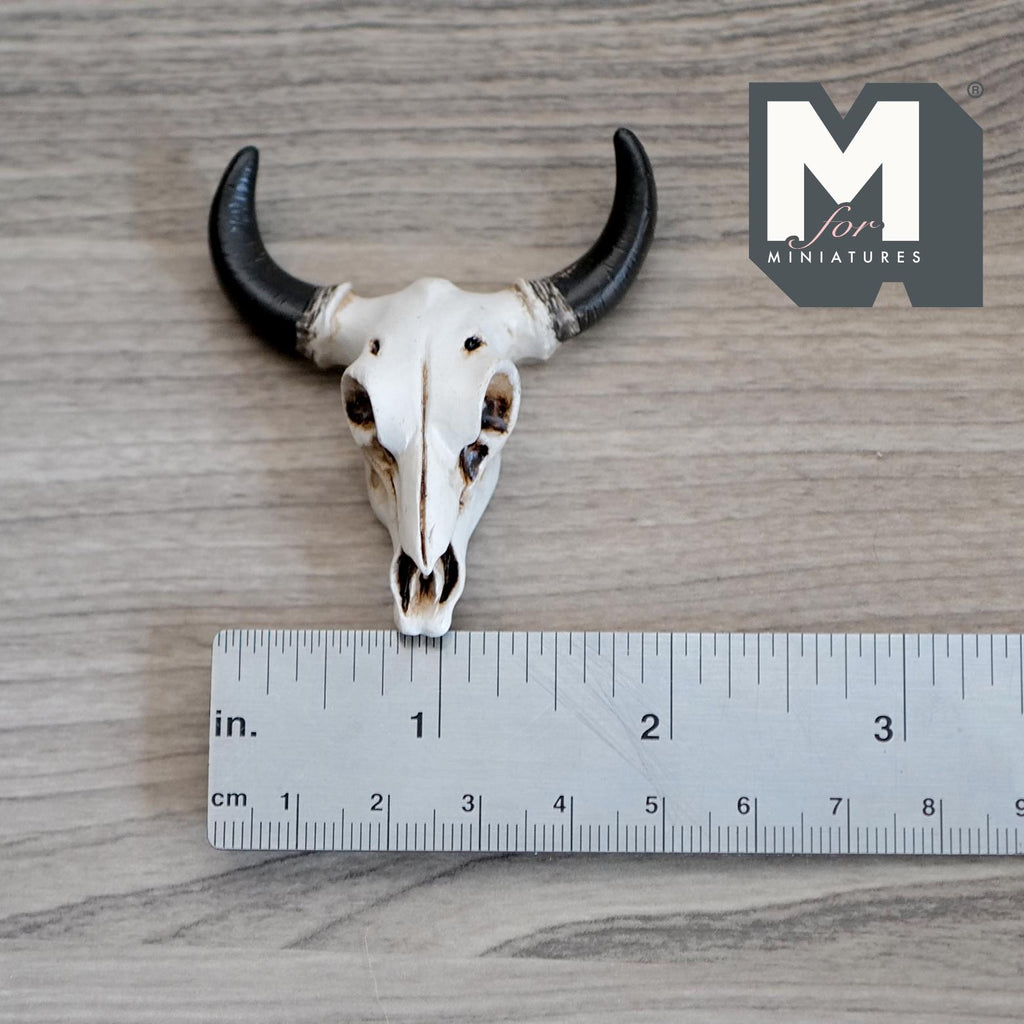 1:12 Scale Miniature Bull Skull Wall Decor, Long Horns, 2 inch wide, DIY Dollhouse Supply (cast resin) (white and black)