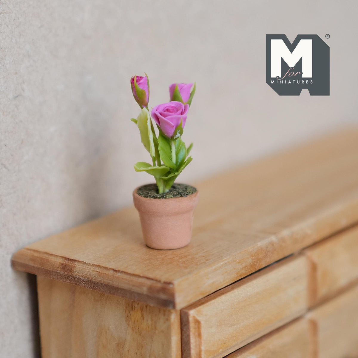 1:12 Scale Miniature Potted Roses, Terracotta Pot, 1-1/4 inch tall, DIY Dollhouse Supply (pink)