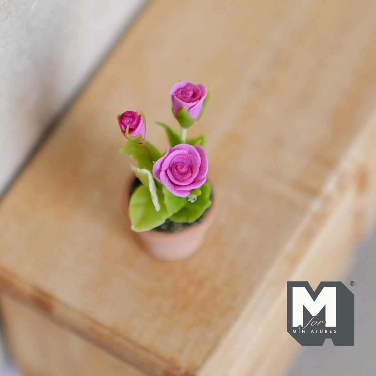 1:12 Scale Miniature Potted Roses, Terracotta Pot, 1-1/4 inch tall, DIY Dollhouse Supply (pink)