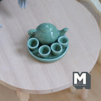 1:12 Scale dollhouse porcelain ceramic teapot tea 6 piece set doll house teapot tea cups tray parlour miniature set of 6 (green) - A036