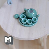 1:12 Scale dollhouse porcelain ceramic teapot tea 6 piece set doll house teapot tea cups tray parlour miniature set of 6 (green) - A036