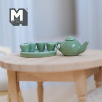 1:12 Scale dollhouse porcelain ceramic teapot tea 6 piece set doll house teapot tea cups tray parlour miniature set of 6 (green) - A036