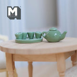 1:12 Scale dollhouse porcelain ceramic teapot tea 6 piece set doll house teapot tea cups tray parlour miniature set of 6 (green) - A036