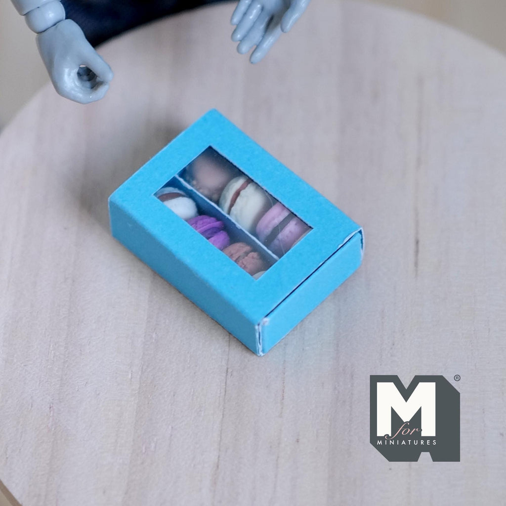 1:12 Scale Miniature Box of 8 Macarons, Clear Window Lid, 1 inch long, DIY Dollhouse Supply (blue)