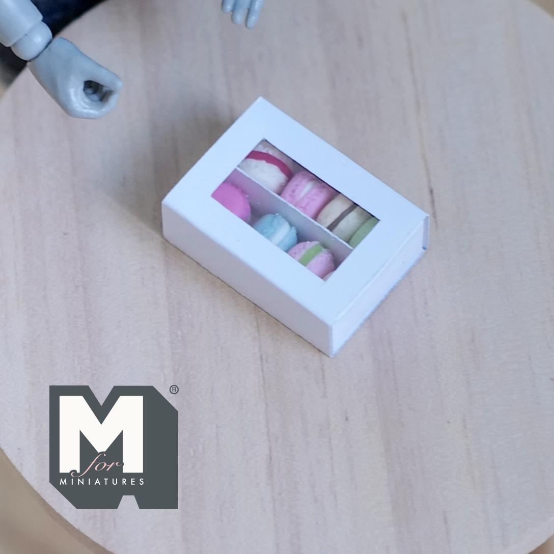 1:12 Scale Miniature Box of 8 Macarons, Clear Window Lid, 1 inch long, DIY Dollhouse Supply (white)