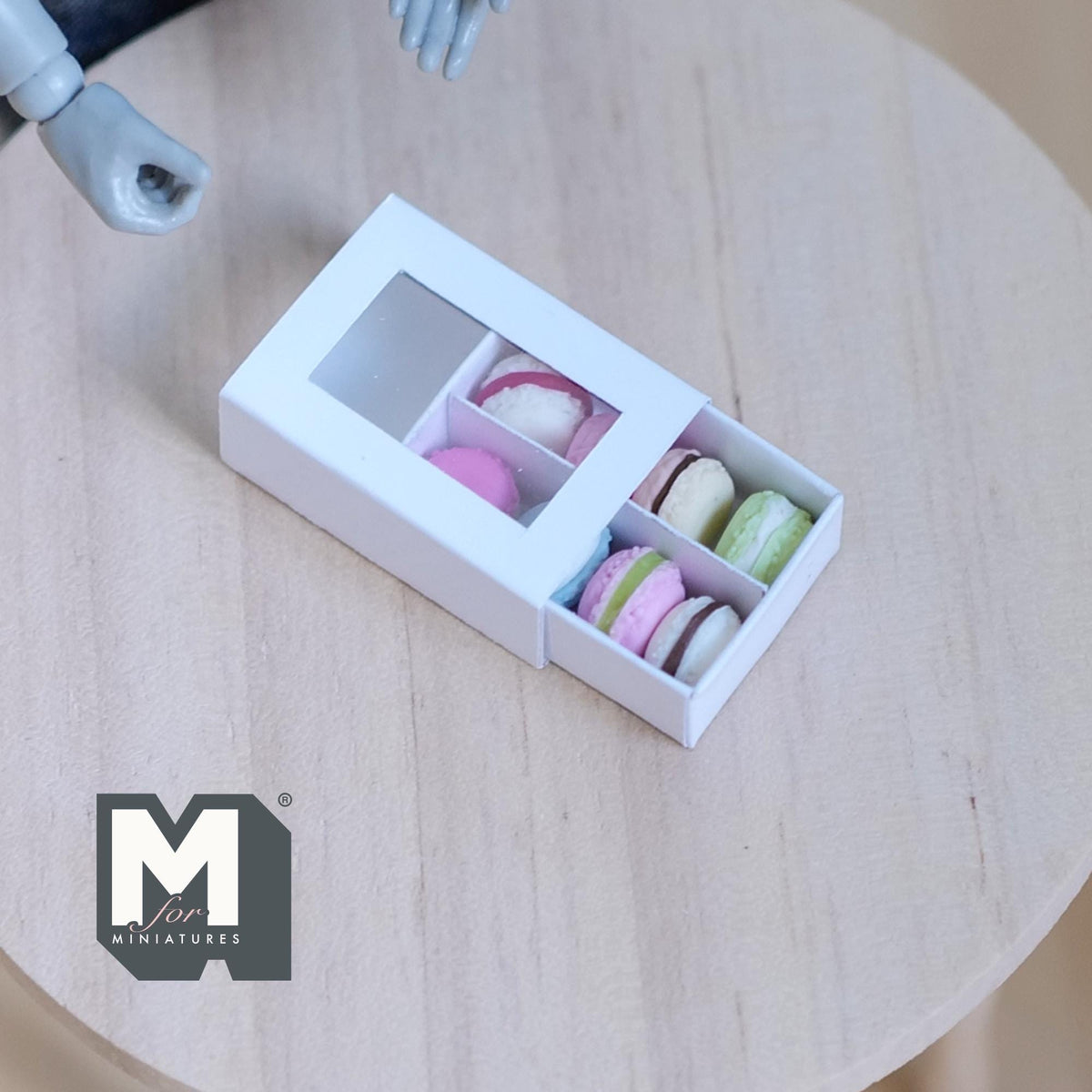 1:12 Scale Miniature Box of 8 Macarons, Clear Window Lid, 1 inch long, DIY Dollhouse Supply (white)