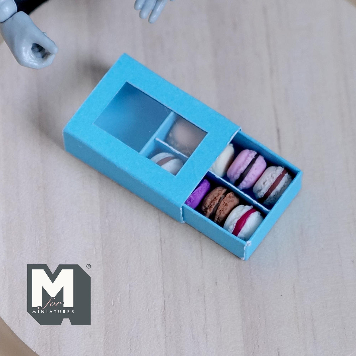 1:12 Scale Miniature Box of 8 Macarons, Clear Window Lid, 1 inch long, DIY Dollhouse Supply (blue)