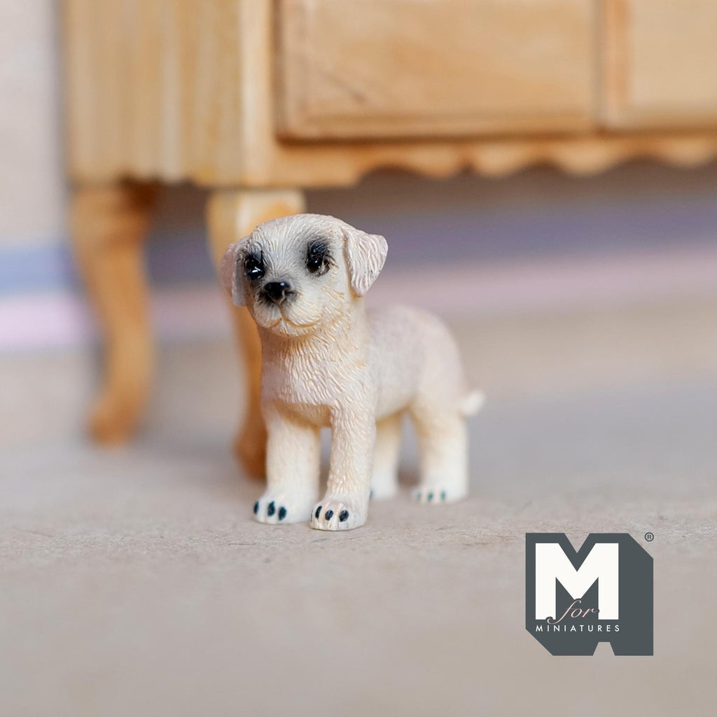 1:12 scale miniature cast resin standing Labrador puppy in cream, shown on the floor near a wood table
