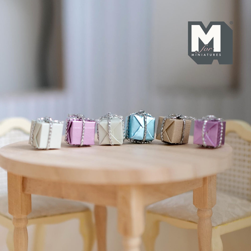1:12 Scale Miniature Wrapped Gift Boxes, Square Cubes with Ribbons, Set of 6, 3/8 inch cube, DIY Dollhouse Supply (pastel)