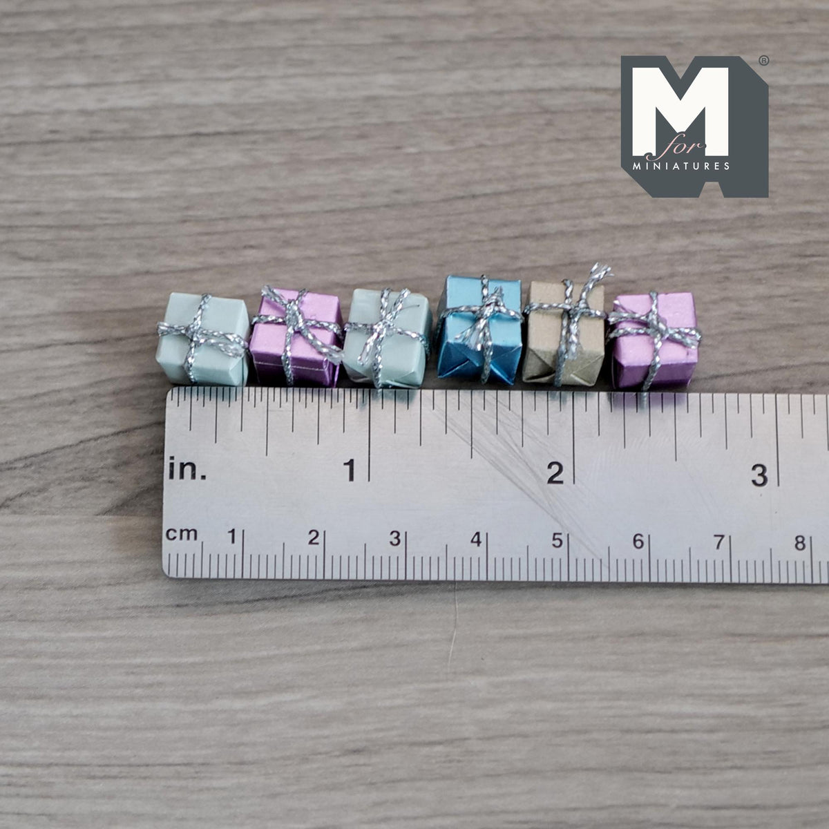 1:12 Scale Miniature Wrapped Gift Boxes, Square Cubes with Ribbons, Set of 6, 3/8 inch cube, DIY Dollhouse Supply (pastel)