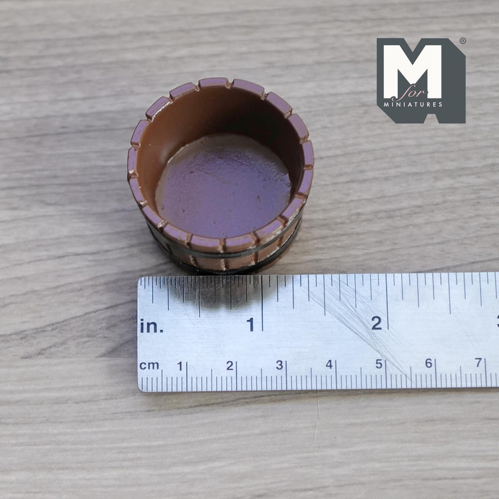 1:12 Scale Miniature Barrel Planter Tub, Wood Look with Black Bands, 1-7/16 inch dia., DIY Dollhouse Supply (resin) (brown)