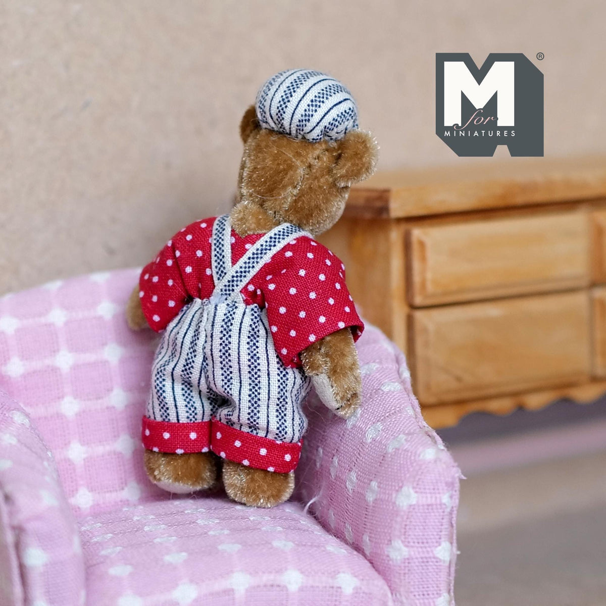 1:12 Scale Miniature Plush Mama Bear, Striped Cap and Overalls, 2-3/4 inch tall, DIY Dollhouse Supply