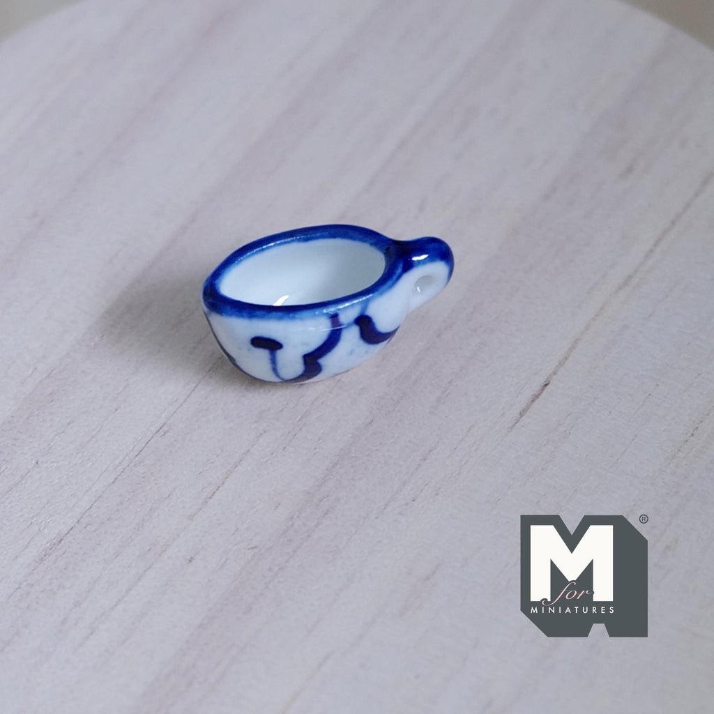 1:12 Scale Miniature Ceramic Cream Boat with Handle, 13/16 inch long, DIY Dollhouse Supply (blue pattern)